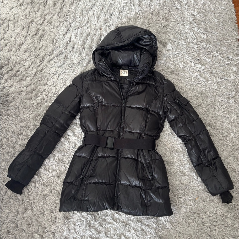 Black Hooded Quilted Puffer Jacket with Waist Belt